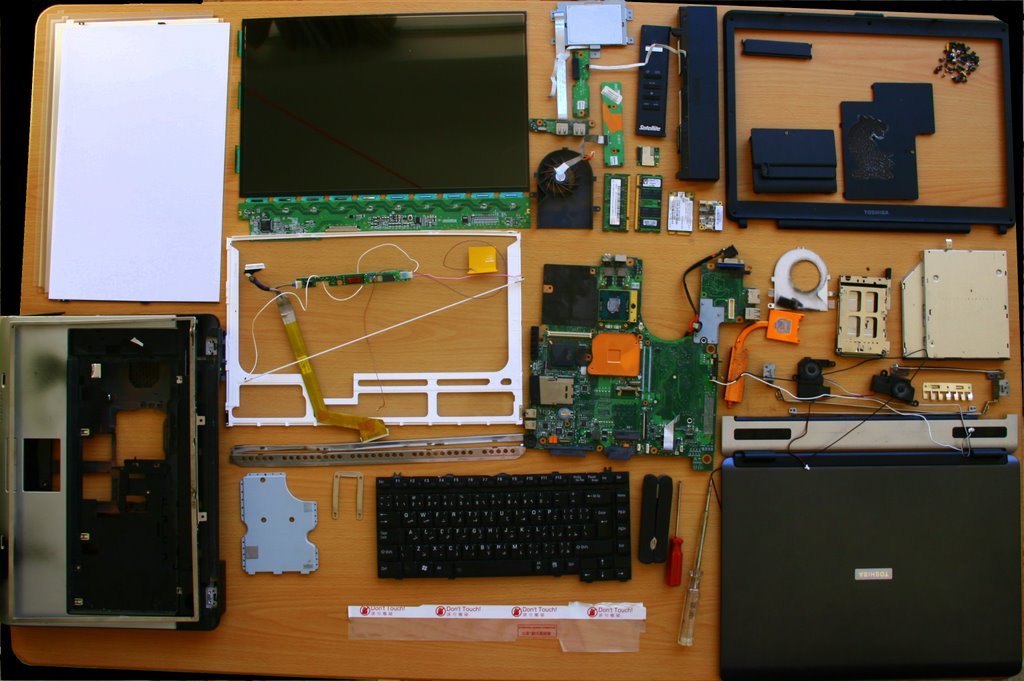 Disassembled laptop chassis showing the hinge and display cable during a Dell hinge repair